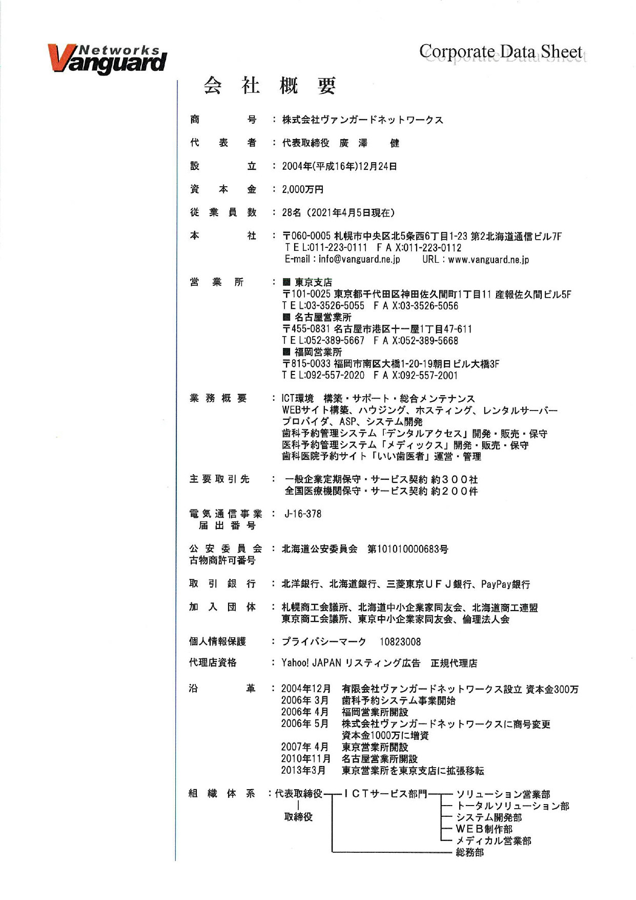 株式会社ヴァンガードネットワークス - 会社概要 - {(0 + 1)}ページ目