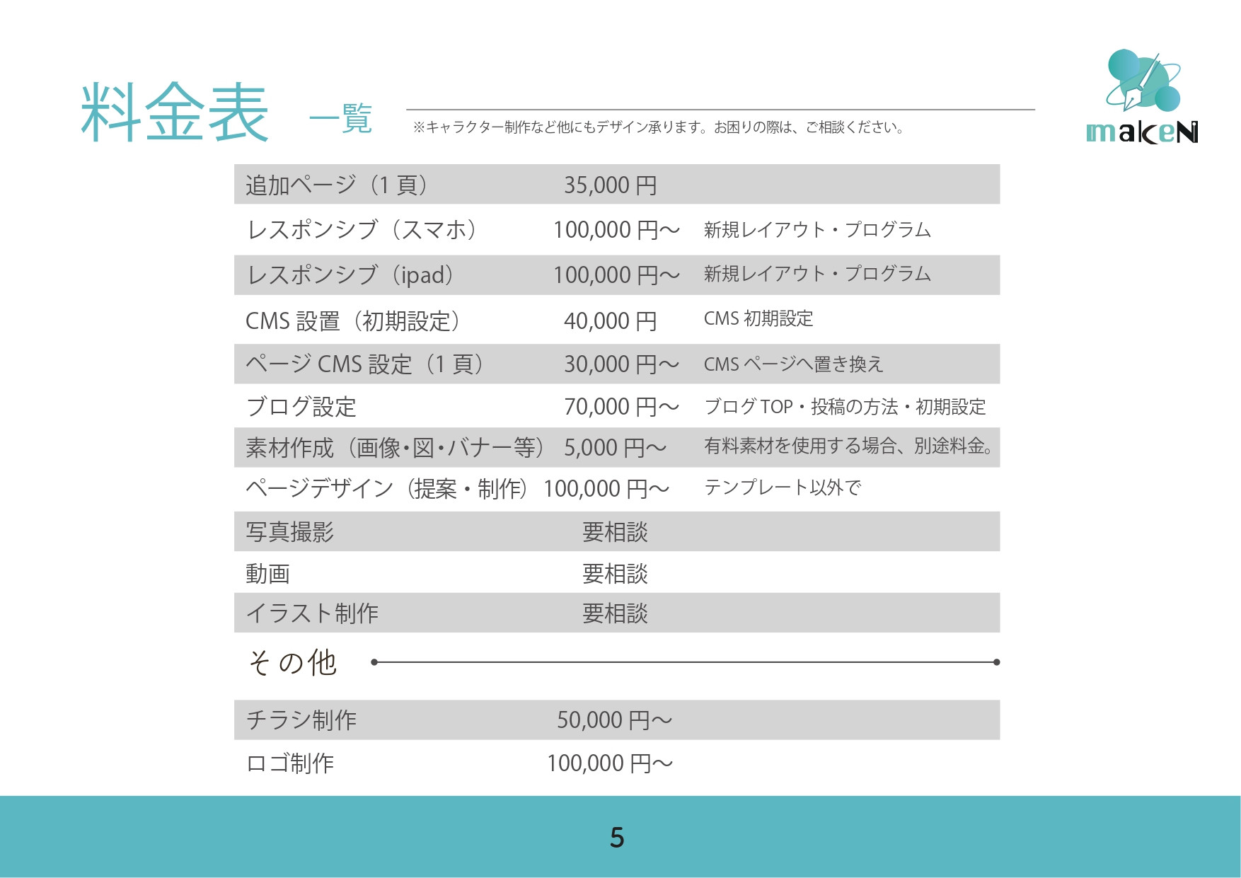 マーク建設株式会社 WEBデザイン事業部 makeN - 制作プラン・料金　資料 - {(4 + 1)}ページ目
