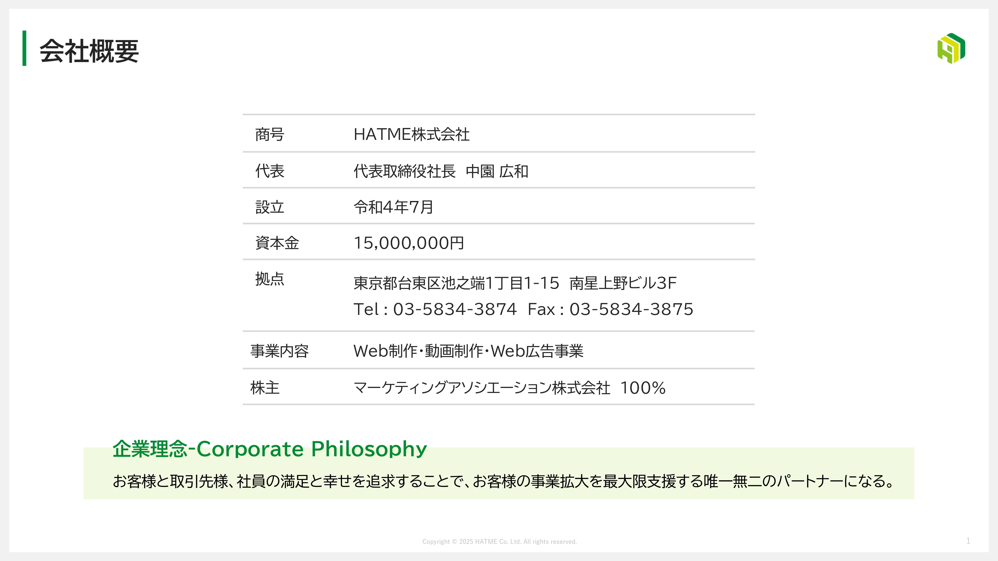 HATME株式会社 - 会社資料 - {(1 + 1)}ページ目