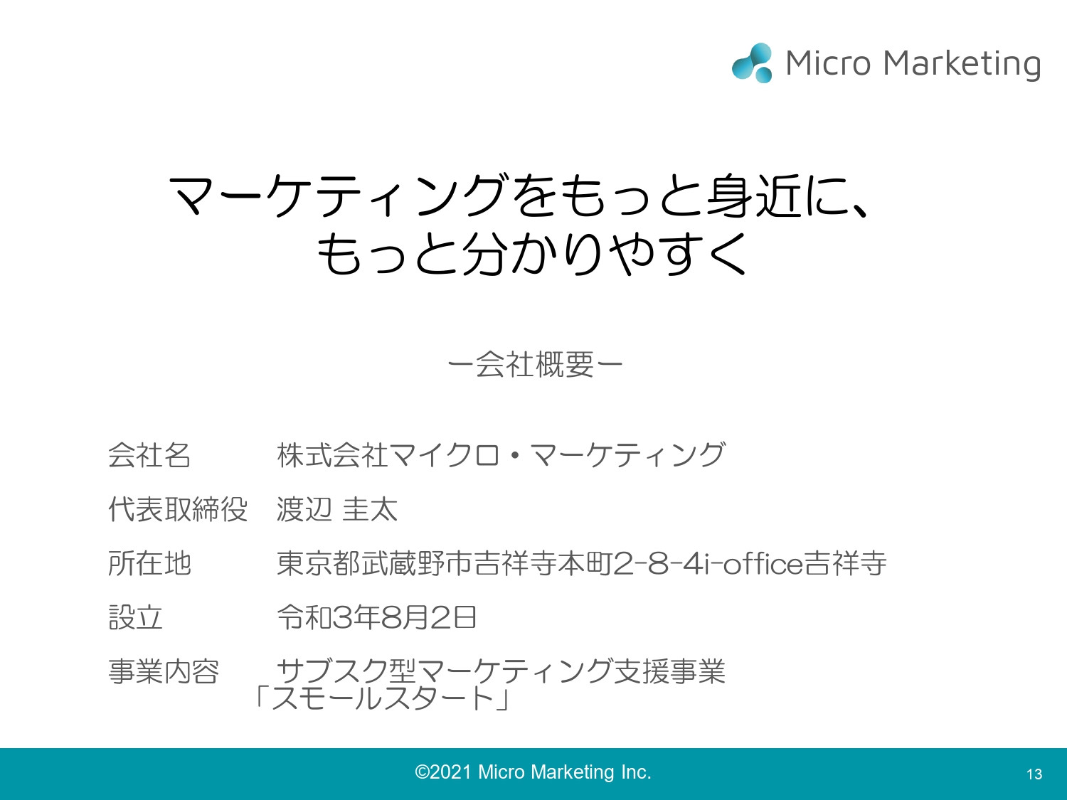 株式会社マイクロ・マーケティング - サブスク型マーケティング支援サービス「スモールスタート」 - {(12 + 1)}ページ目