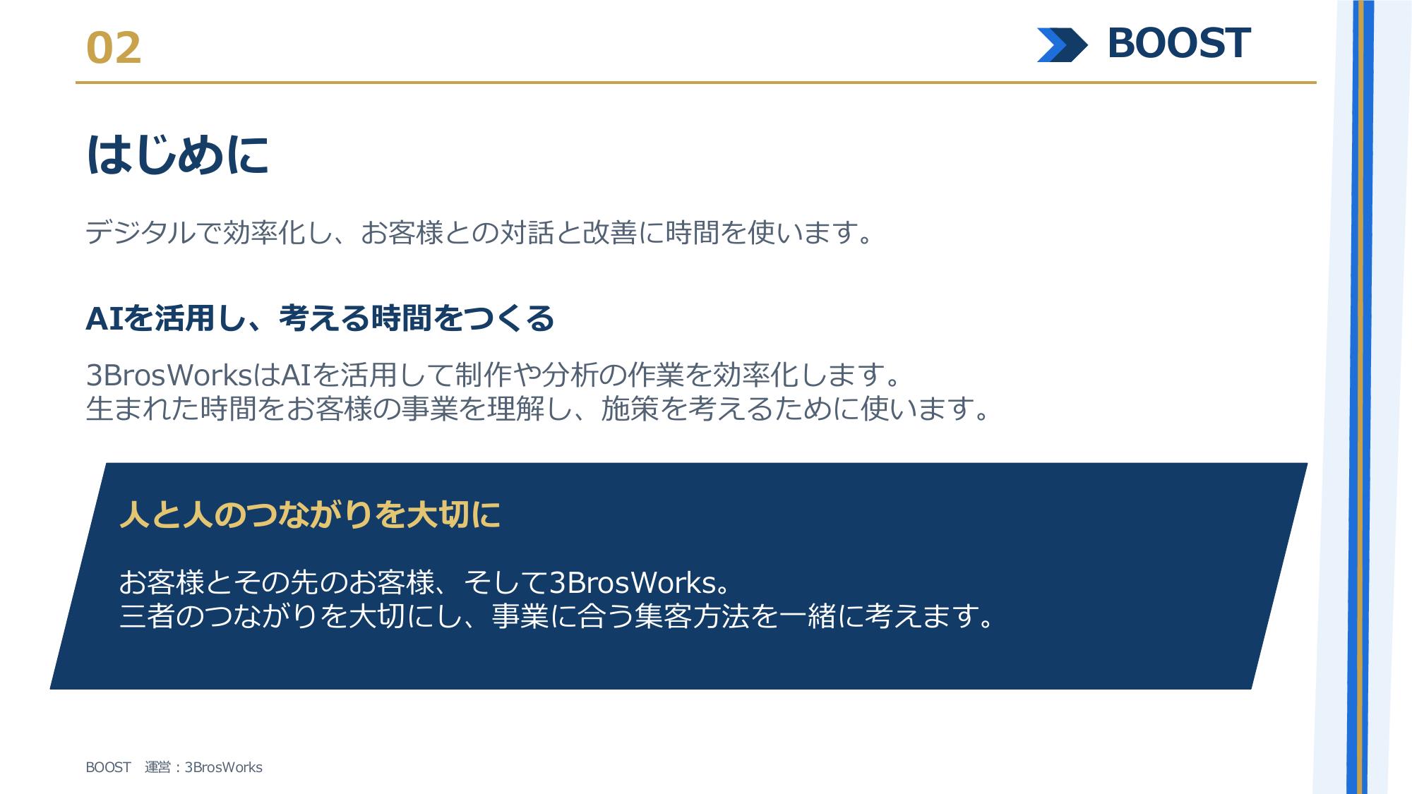 株式会社3Bros.works - BOOST サービス資料 - {(1 + 1)}ページ目