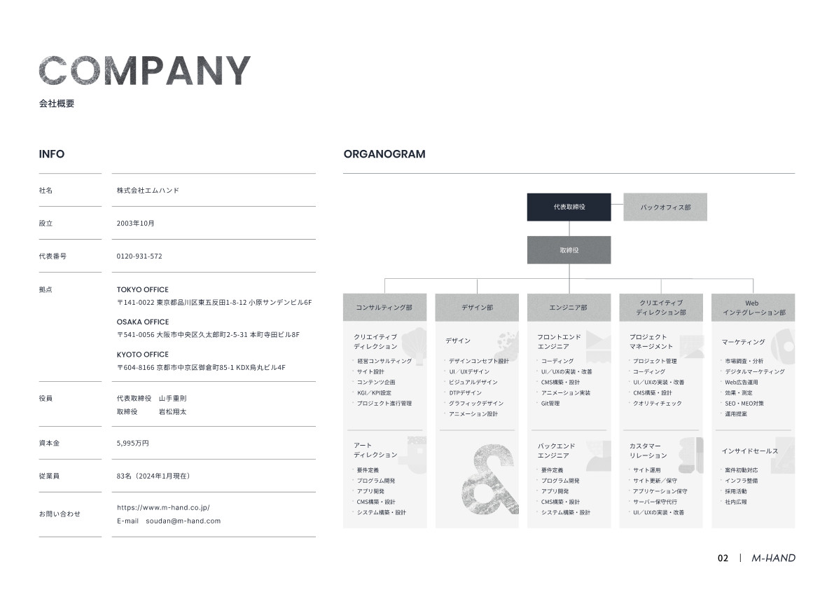 株式会社エムハンド - 会社案内 - {(2 + 1)}ページ目