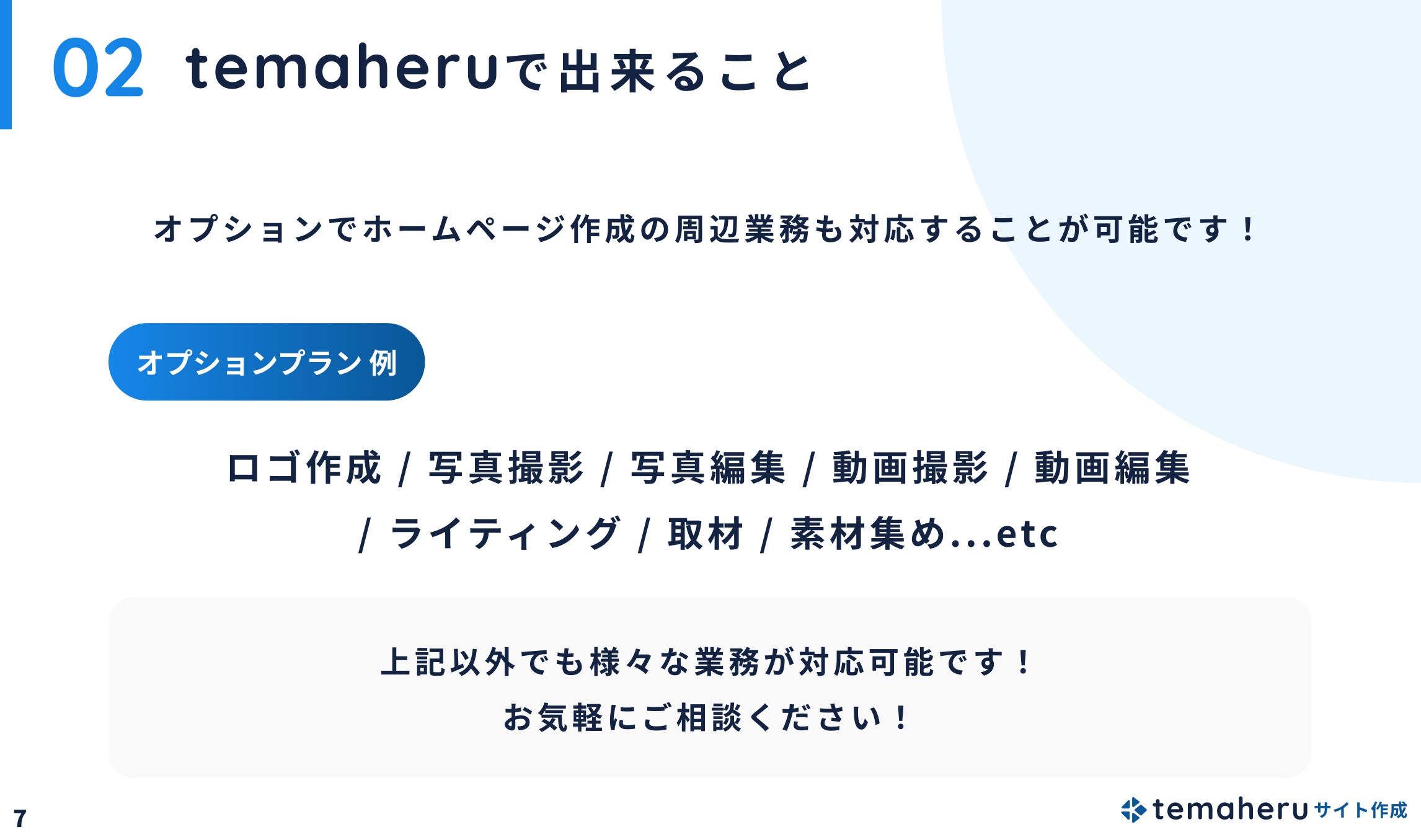 Alley株式会社 - temaheru サイト作成 サービス概要資料 - {(7 + 1)}ページ目