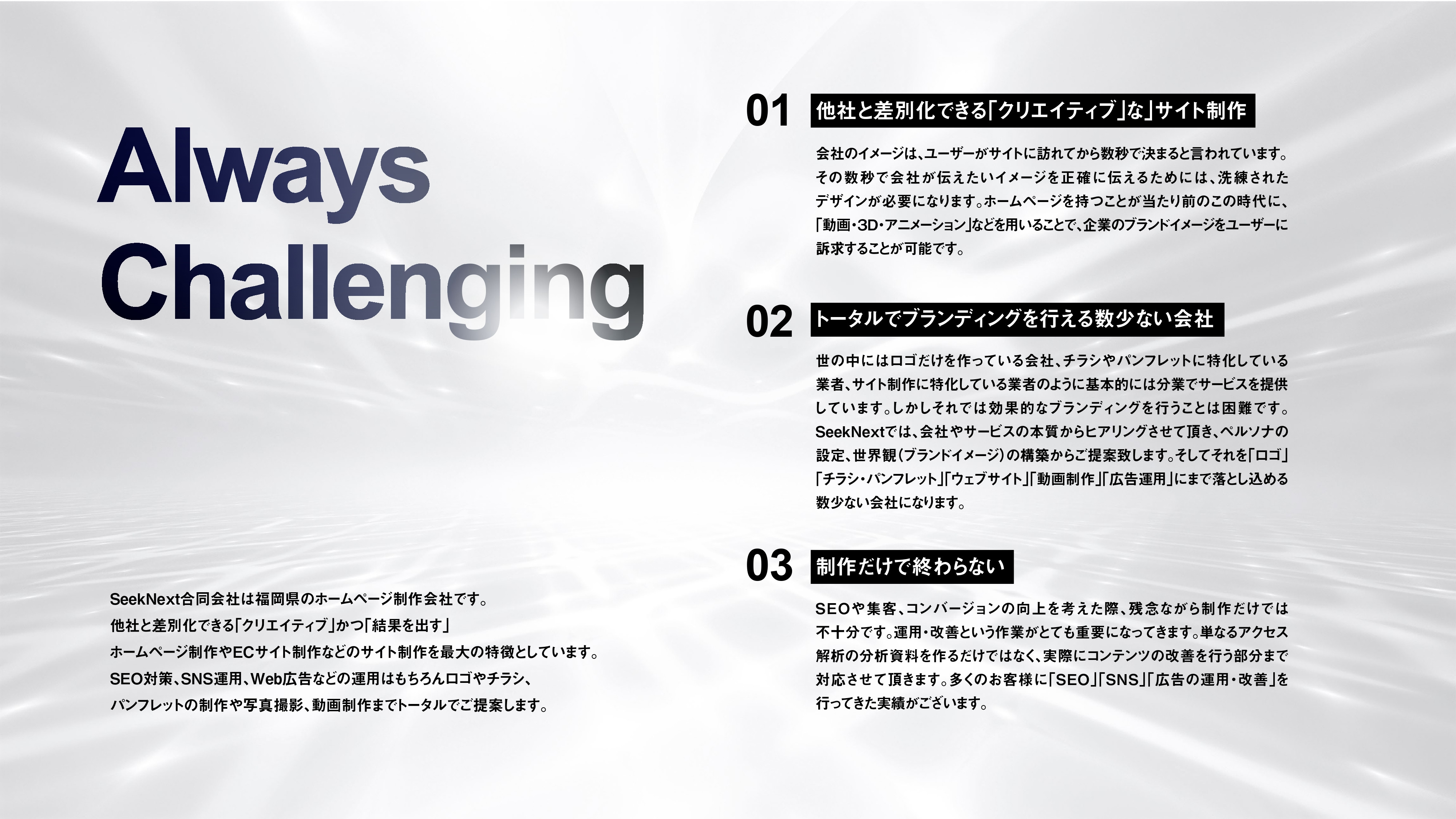 SeekNext合同会社 - 会社案内パンフレット - {(1 + 1)}ページ目