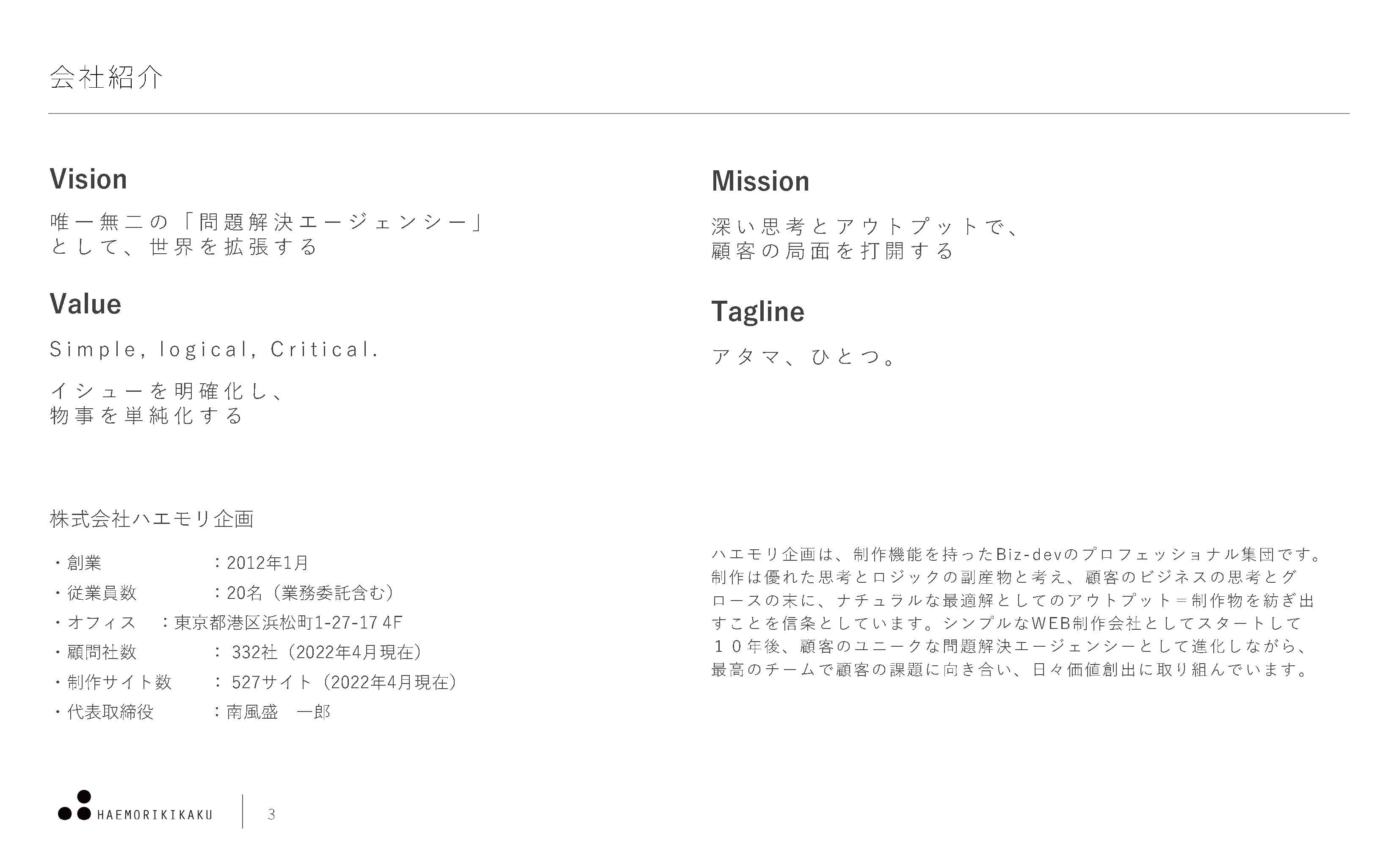 株式会社ハエモリ企画 - 株式会社ハエモリ企画会社資料 - {(2 + 1)}ページ目