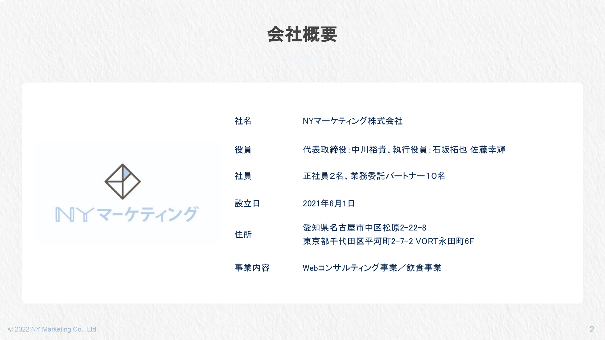NYマーケティング株式会社 - 【会社紹介】NYマーケティング株式会社 - {(1 + 1)}ページ目