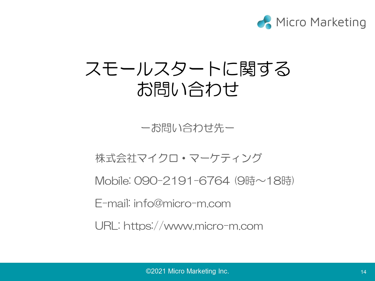 株式会社マイクロ・マーケティング - サブスク型マーケティング支援サービス「スモールスタート」 - {(13 + 1)}ページ目