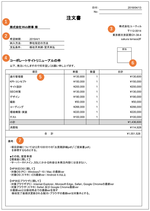 ホームページ制作の注文書（発注書）